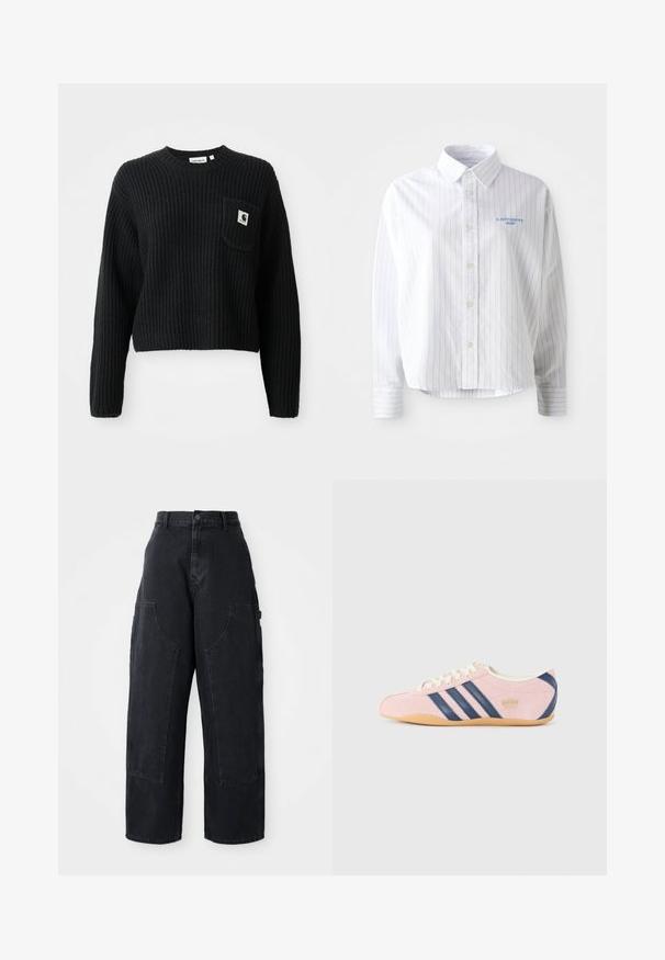 Musthave mustriba kootud sviiter, millel on ümmargune kaelus, pikad varrukad ja eesmine tasku, millel on väike logoäpp. Lühendatud pikkus.; Valge nööbiga särk, millel on helesinised vertikaalsed triibud, terav krae ja väike sinine logo vasakul rinnal. Puuvillane kangas, mugav istuvus.; Mustad denim laiad sääred cargo püksid kõrge vöökoht, kahe suure ees oleva taskuga ja nööpkinni klõpsuga vöökoht. Sile tekstuur, kõrvaline kujundus.; Heled roosa nahast tossud mereväe siniste triipude ja aktsentidega. Omab heledat kreemjat keelt ja paelu ning kummist tallat.