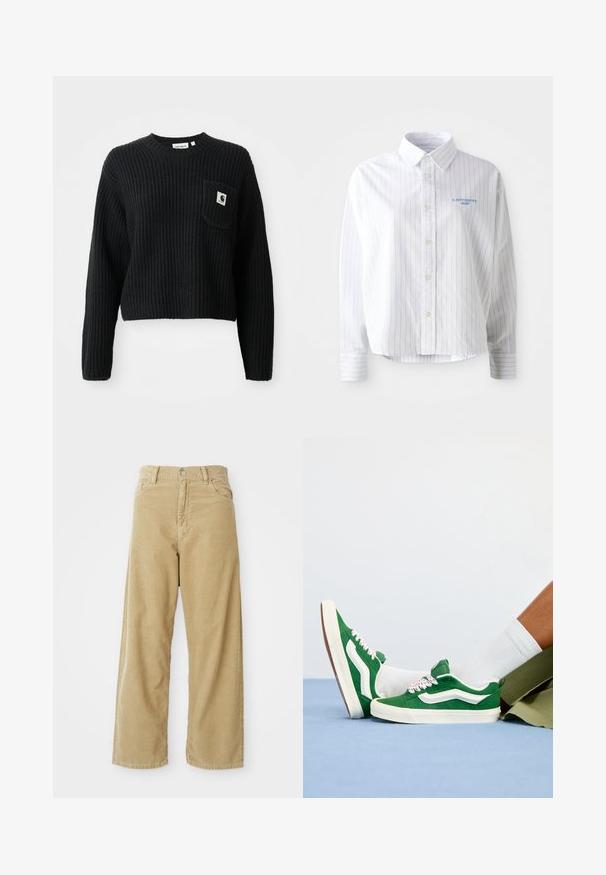 Suéter de punto canalé negro con cuello redondo, mangas largas y un bolsillo frontal con un pequeño parche de logo. Longitud corta.; Camisa blanca de botones con rayas verticales en azul claro, un cuello puntiagudo y un pequeño logo azul en el lado izquierdo del pecho. Tejido de algodón, corte relajado.; Pantalones de pana beige con cintura alta, pernera ancha, bolsillos frontales y cierre con un solo botón metálico. Textura suave con un suave acanalado.; Zapatillas de ante verde con acentos blancos, cordones texturizados que presentan detalles en rosa y una suela de goma beige, combinadas con calcetines blancos y pantalones cortos verdes.