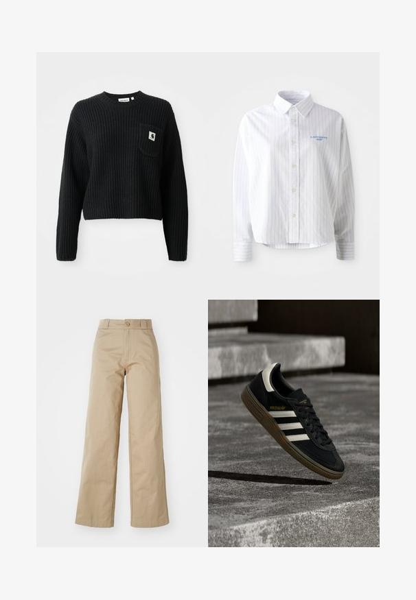 Sort ribbenstrikket sweater med rund hals, lange ærmer og en frontlomme med et lille logo patch. Forkortet længde.; Hvid skjorte med lyseblå lodrette striber, en spids krave og et lille blåt logo på venstre bryst. Forarbejdet i bomuldsstof, afslappet pasform.; Beige brede bukser lavet af bomuld, med knaplukning og bælteholder, med en glat tekstur og ren finish.; Sort Adidas-sneaker med hvide striber og gummisåler, svævende over grå betontrapper i naturligt lys.