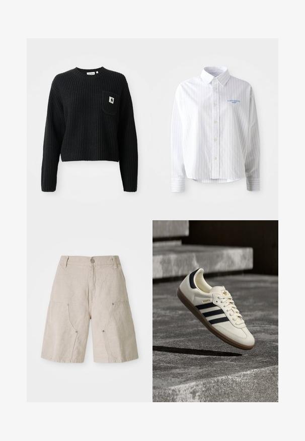 Sort ribbenstrikket sweater med rund hals, lange ærmer og en frontlomme med et lille logo patch. Forkortet længde.; Hvid skjorte med lyseblå lodrette striber, en spids krave og et lille blåt logo på venstre bryst. Forarbejdet i bomuldsstof, afslappet pasform.; Beige linnedshorts med en afslappet pasform, der har to forlommer og cirkulære metaldetaljer. Afslappet design med en tekstureret overflade.; Hvid Adidas Samba sneaker med sorte striber og gummsål, svævende over teksturerede grå betonstrin.