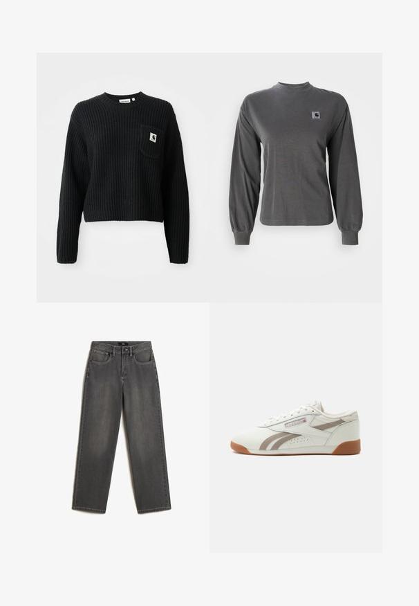 Zwarte geribbelde gebreide trui met een ronde hals, lange mouwen en een voorzak met een klein logopatch. Verkorte lengte.; Grijs T-shirt met lange mouwen van katoen, met een ronde hals en elastische manchetten, voorzien van een klein vierkant logo op de borst.; Grijze wijde jeans van denim. Heeft vijf zakken, een sluiting met een knoop en ritssluiting aan de voorkant, en subtiele vervaging op de stof.; Witte lage sneaker met lichtgrijze streepaccenten, gumzool en Reebok-logo met Britse vlag aan de zijkant, getoond tegen een effen achtergrond.