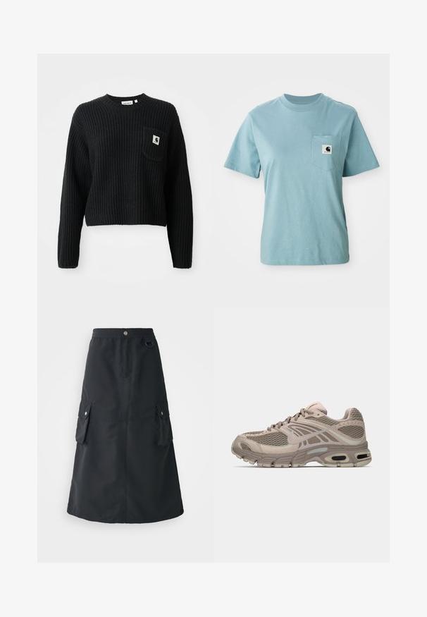 Musthave mustriba kootud sviiter, millel on ümmargune kaelus, pikad varrukad ja eesmine tasku, millel on väike logoäpp. Lühendatud pikkus.; Heledsinine lühikeste käistega puuvillane T-särk rinnahoidjaga, millel on väike must-valge Carhartti logo plaat.; Must mustriba mustete, mis on valmistatud kerged kangast, koos elastse vööde, kahe cargo tasku ja õrn sära.; Bež spordijalanöör, millel on võrgusilma ülemine osa, vormitud detailid, ümar varvas ja nähtav õhkpadjandus tallas. Paelad neutraalses toonis.