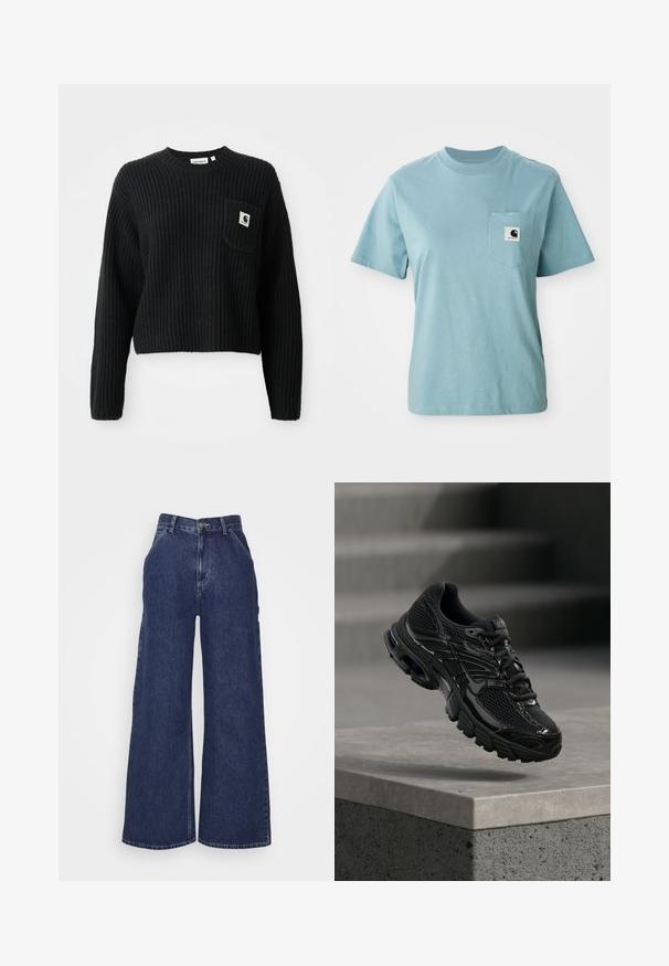 Zwarte geribbelde gebreide trui met een ronde hals, lange mouwen en een voorzak met een klein logopatch. Verkorte lengte.; Lichtblauw katoenen T-shirt met korte mouwen en een borstzak, voorzien van een klein zwart-wit Carhartt logo patch.; Brede denim jeans in donkerblauw, met een hoge taille, zijzakken en een ritssluiting met een metalen knop. Gladde textuur en klassiek ontwerp.; Zwarte Nike hardloopschoen met mesh en synthetische bovenkant die boven een betonnen oppervlak en trappen op de achtergrond zweeft.