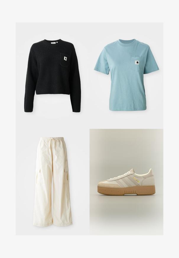 Pull en maille côtelée noir avec un col rond, des manches longues et une poche avant arborant un petit patch logo. Longueur cropped.; T-shirt en coton léger bleu clair à manches courtes avec poche poitrine affichant un petit patch logo Carhartt noir et blanc.; Pantalons cargo à jambes larges en tissu beige clair avec une taille élastique, un cordon de serrage et des poches latérales. Texture douce avec un minimum de détails.; Baskets Adidas crème et beige avec semelle en gomme, trois bandes sur le côté et "SPECIAL" écrit en or près des lacets.