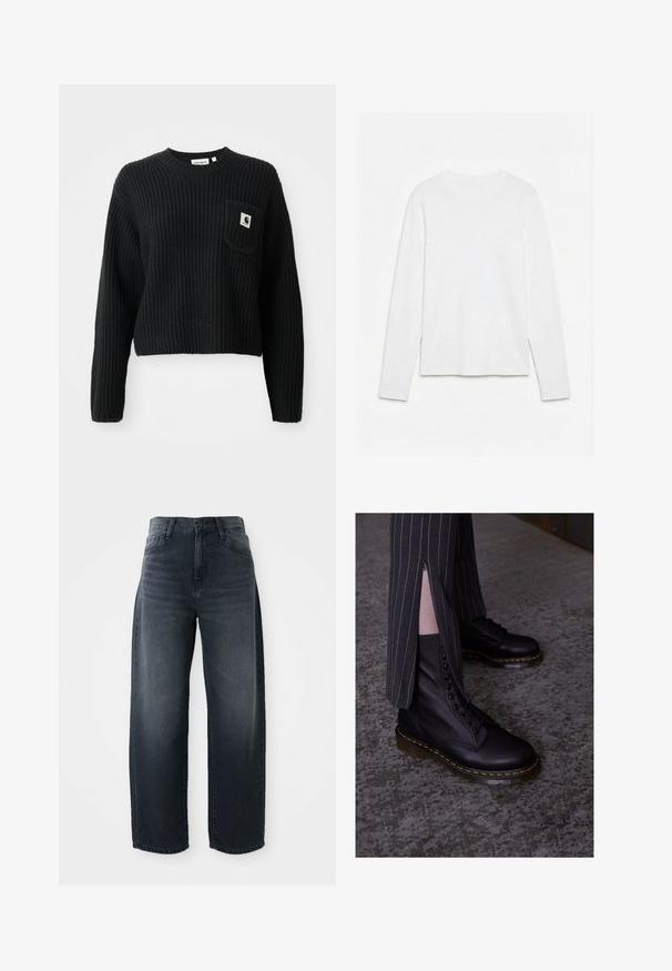 Sort ribbenstrikket sweater med rund hals, lange ærmer og en frontlomme med et lille logo patch. Forkortet længde.; Helt hvid langærmet t-shirt med rund hals lagt fladt på en hvid overflade, der viser fronten og hele ærmelængden.; Vidde bukser i mørk denim med høj talje, klassisk knap- og lynlåslukning, samt subtil falming langs forsiden.; Sorte læder snørebåndsstøvler med en struktureret overflade, gule syninger og en solid, gennemsigtig sål. Samlet med stribede bukser med lynlåse.