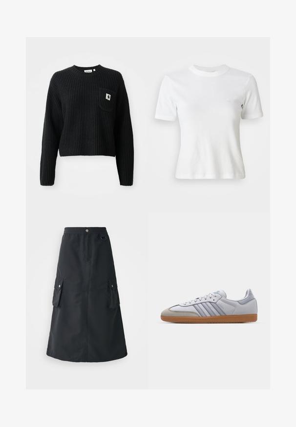 Musthave mustriba kootud sviiter, millel on ümmargune kaelus, pikad varrukad ja eesmine tasku, millel on väike logoäpp. Lühendatud pikkus.; Valge soonikkoes lühikeste varrukatega T-särk ümmarguse kaelusega ja väikese logoga rinnal. Valmistatud pehmest kangast ja sobib hästi selga.; Must mustriba mustete, mis on valmistatud kerged kangast, koos elastse vööde, kahe cargo tasku ja õrn sära.; Valged nahast tossud helesiniste detailidega, hallist suede'ist varvas ja pruun kummitald. Omab kolme sinist triipu ja "Samba" brändimist.