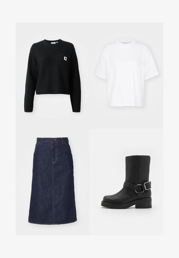 Sort ribbenstrikket sweater med rund hals, lange ærmer og en frontlomme med et lille logo patch. Forkortet længde.; Hvid bomulds t-shirt med rund hals, korte ærmer og en afslappet pasform. Har et diskret logo på venstre brystområde. Glat tekstur.; Mørk denimnederdel med høj talje, lige skæring, forlommer og stikninger. Har lynlås og knaplukning i taljen.; Sort læderankelstøvle med rund tå, tyk hæl og en dekorativ spænde-rem omkring anklen. Struktureret finish.