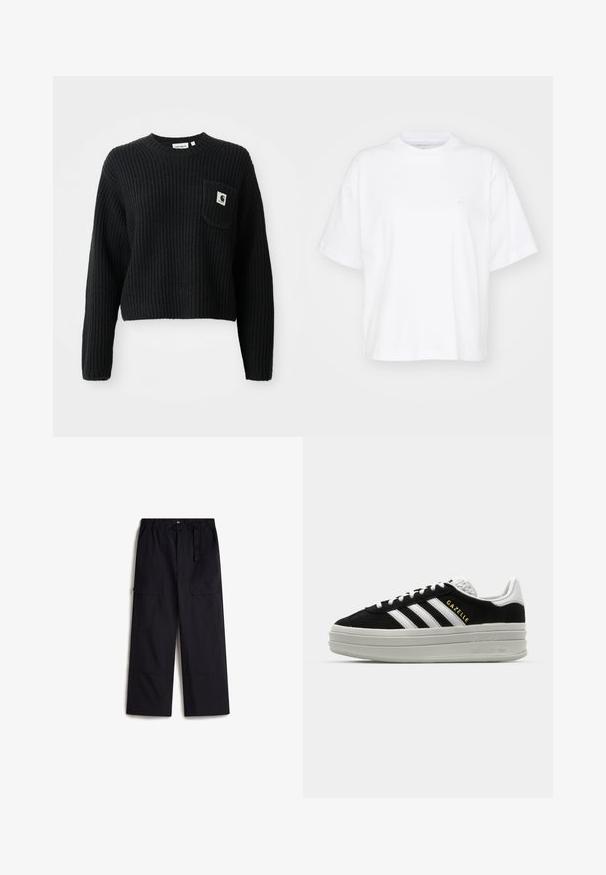 Sort ribbenstrikket sweater med rund hals, lange ærmer og en frontlomme med et lille logo patch. Forkortet længde.; Hvid bomulds t-shirt med rund hals, korte ærmer og en afslappet pasform. Har et diskret logo på venstre brystområde. Glat tekstur.; Sorte cargo bukser med elastisk talje, justerbart bælte og to sidelommer. Fremstillet af et let, struktureret stof.; Sort ruskind sneaker med hvide læderdetaljer, tre hvide striber, flade snørebånd og en tyk grå platformsål. Guldfarvet "Gazelle" branding.