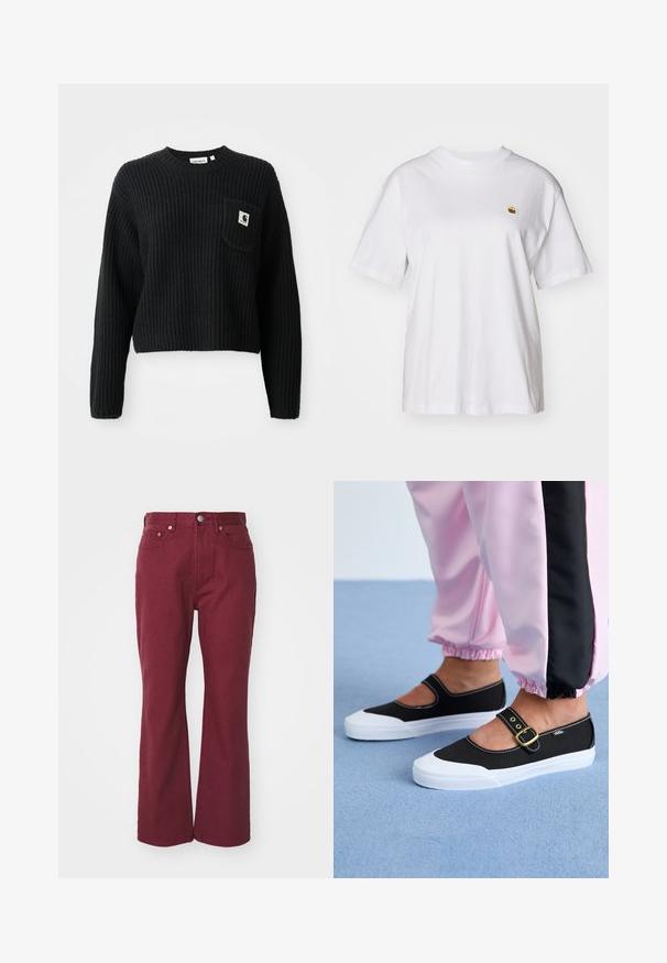 Zwarte geribbelde gebreide trui met een ronde hals, lange mouwen en een voorzak met een klein logopatch. Verkorte lengte.; Witte katoenen t-shirt met een relaxte pasvorm, korte mouwen en een klein geborduurd logo op de linkerborst.; Bordeaux wijd-uitlopende jeans van denim, met een knoopsluiting aan de voorkant, riemlussen en twee voorzakken. Glad oppervlak met minimale stiksels.; Zwarte canvas schoenen met een witte zool, met een uitgesneden ontwerp en een gouden gespband. Draagt met roze joggingsbroek.
