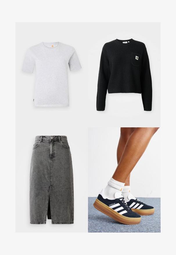 Zwarte geribbelde gebreide trui met een ronde hals, lange mouwen en een voorzak met een klein logopatch. Verkorte lengte.; Grijze t-shirt met korte mouwen van zacht jersey-materiaal, met een ronde hals en een klein logo op de borst. Eenvoudig, minimalistisch ontwerp.; Hoge taille, vervaagde zwarte denim midi-jurk met een split aan de voorkant, riemlussen en een klassieke vijf-pocket ontwerp.; Ben met witte sokken en zwarte Adidas Gazelle sneakers met witte strepen en dikke bruine zolen op een grijs tapijt.