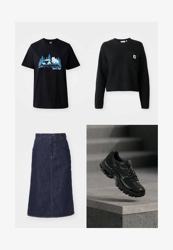 Suéter de punto canalé negro con cuello redondo, mangas largas y un bolsillo frontal con un pequeño parche de logo. Longitud corta.; Camiseta de algodón negra con un gráfico azul de un oso y un panda con árboles de fondo. Manga corta y cuello redondo.; Falda de mezclilla oscura con cintura alta, corte recto, bolsillos delanteros y costuras cosidas. Presenta un cierre de cremallera y botón en la cintura.; Zapatilla de running negra de Nike con parte superior de malla y sintética flotando sobre una superficie de hormigón y escalones de fondo.