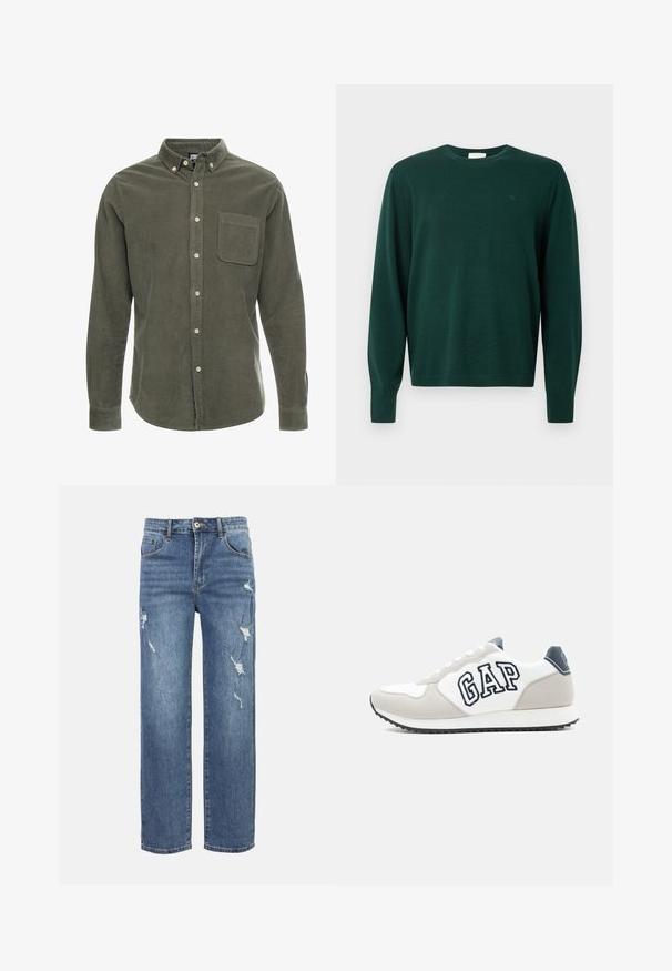 Mørkegrøn, langærmet sweater lavet af et blødt strikmateriale. Har en rund halsudskæring og en diskret logo-detalje på brystet.; Olivengrøn kordfløjlsskjorte med lange ærmer, knap-ned krave, frontlomme og frontknaplukning. Struktureret stof med lodrette striber.; Denimjeans med lys blå vask, lige ben pasform, slidte pletter, femlomme-design og knaplukning i taljen.; Hvid og lysegrå sneaker med sort sål, hvide snørebånd og "GAP"-logo i sorte konturerede bogstaver på siden.