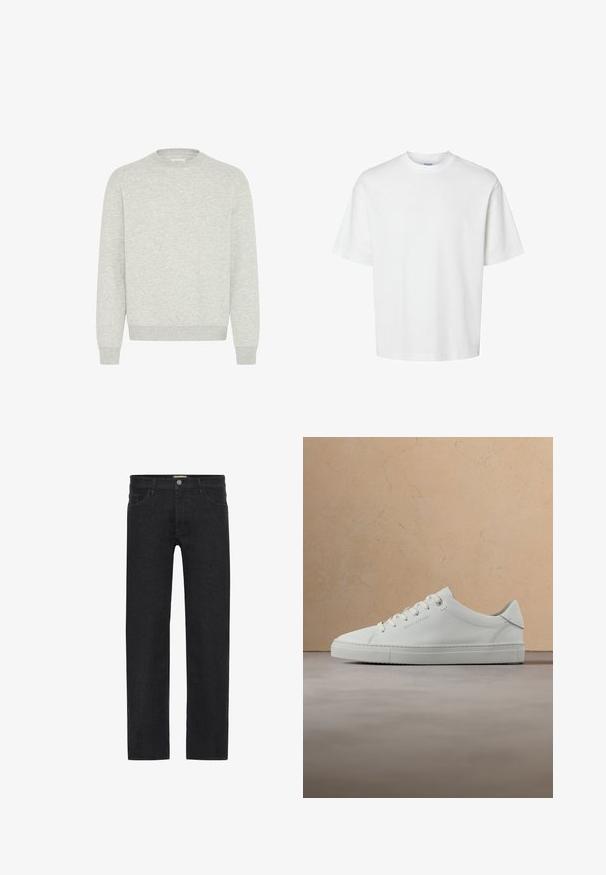 Grau Baumwoll-Sweatshirt mit Rundhalsausschnitt, gerippten Bündchen und Saum. Aus einem glatten, strukturierten Stoff ohne Muster oder Verzierungen.; Schlichtes weißes T-Shirt mit kurzen Ärmeln, Rundhalsausschnitt und lockerem Schnitt, abgebildet auf weißem Hintergrund.; Schwarze gerade Jeans aus Denim mit einem Knopfverschluss am Bund, fünf Taschen und einem minimalistischen Design ohne sichtbare Muster.; Weißer Leder-Sneaker mit niedrigem Schaft und Schnürsenkeln, schwebend über einem strukturierten beigen Teppich, nahe einem runden Couchtisch aus Holz mit Büchern.