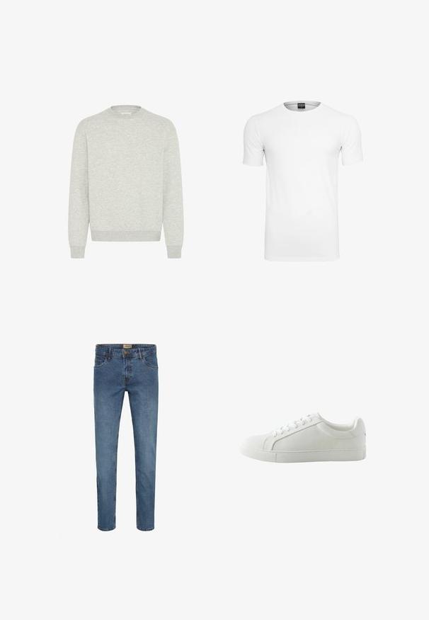 Grau Baumwoll-Sweatshirt mit Rundhalsausschnitt, gerippten Bündchen und Saum. Aus einem glatten, strukturierten Stoff ohne Muster oder Verzierungen.; Schlichtes weißes T-Shirt mit kurzen Ärmeln und Rundhalsausschnitt, mit einem schwarzen Label innen im Kragen vor weißem Hintergrund.; Blaue Jeans aus Denim mit schlankem Schnitt, fünf Taschen, Knopf- und Reißverschluss sowie kontrastierenden Nähten. Glatte Textur mit einem verwaschenen Finish.; Weißer Sneaker mit niedrigem Schaft und Schnürsenkeln, glattem Obermaterial und flacher Gummisohle, von der Innenseite seitlich auf weißem Hintergrund dargestellt.