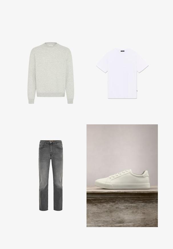 Grå bomulds sweatshirt med rund hals, ribbede manchetter og nederste kant. Har et glat, struktureret stof uden mønstre eller udsmykninger.; Hvid T-shirt med korte ærmer og rund hals, vist fladt fra bagsiden, med lille sort label ved halsudskæringen og sidesømmen.; Straight-leg herre jeans i falmet sort denim med knap- og lynlåslukning, for- og baglommer samt bælteløkker.; Hvide snørresneakers svævende over en træbænk med grønne planter i baggrunden, der fremhæver skodesign og tekstur.