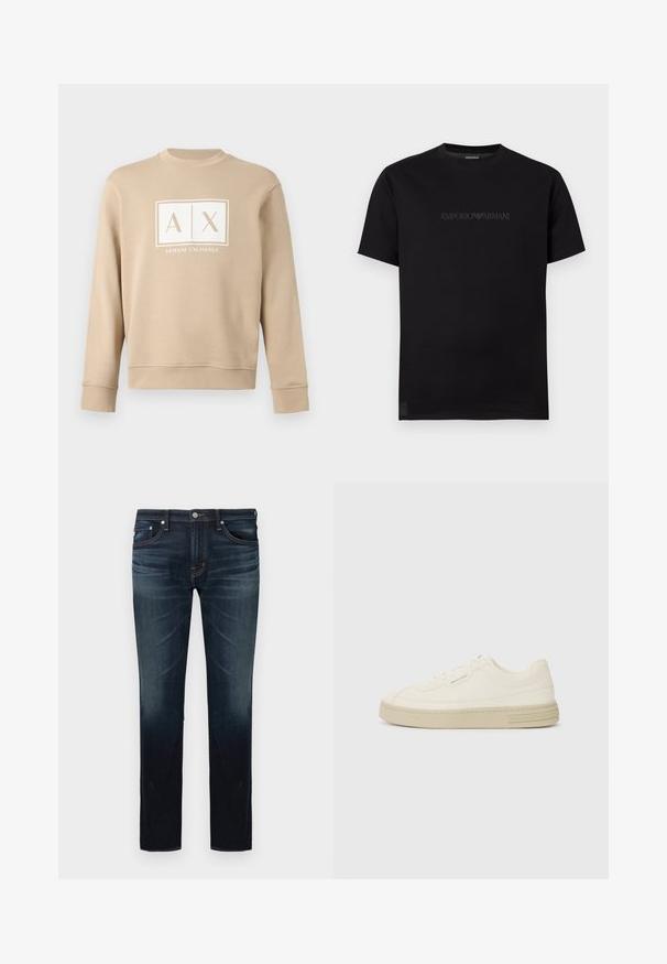 Beige lange mouw sweatshirt met ronde hals en wit "A|X Armani Exchange" logo in het midden van de borst.; Zwart T-shirt met korte mouwen en ronde hals, met subtiel donker reliëf Emporio Armani-logo over de borst op een witte achtergrond.; Donkerblauwe slim-fit jeans met lichte vervaging op de dijen en knieën, vijfzakkenontwerp en knoopsluiting in de taille.; Witte canvas sneakers met een gestructureerde rubberen zool, featuring een gestikte neuskap en logo-accent op de hak. Eenvoudig vetersluiting ontwerp.