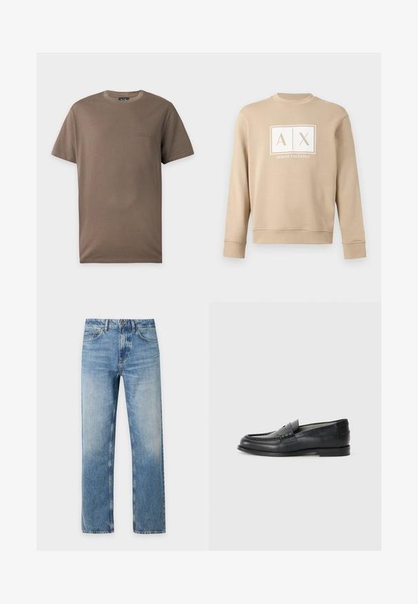 Sweat-shirt beige à manches longues et col rond, avec le logo blanc "A|X Armani Exchange" centré sur la poitrine.; T-shirt marron à manches courtes et col rond avec petit logo embossé Armani Exchange sur la poitrine gauche sur fond blanc.; Jean denim bleu clair à coupe droite avec cinq poches et fermeture bouton sur un fond uni.; Mocassins en cuir noir avec une finition lisse, un bout rond, une sangle décorative et un design minimaliste. Présentent un petit talon carré.