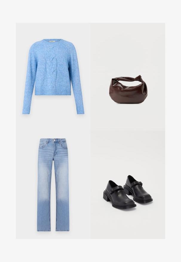 Suéter de punto azul claro con mangas largas y un patrón de trenzas central, con puños y dobladillo acanalados.; Pantalones de mezclilla azul claro con un diseño de pierna recta, que presentan un lavado deslavado en la parte inferior y un estilo clásico de cinco bolsillos.; Zapatos de cuero negros con punta redondeada, suela plana y una correa con detalle de hebilla. Tacón cuadrado grueso para mayor estabilidad.; Bolso de hombro de cuero marrón oscuro con una forma suave y caída, y un asa con nudo torcido sobre un fondo blanco liso.