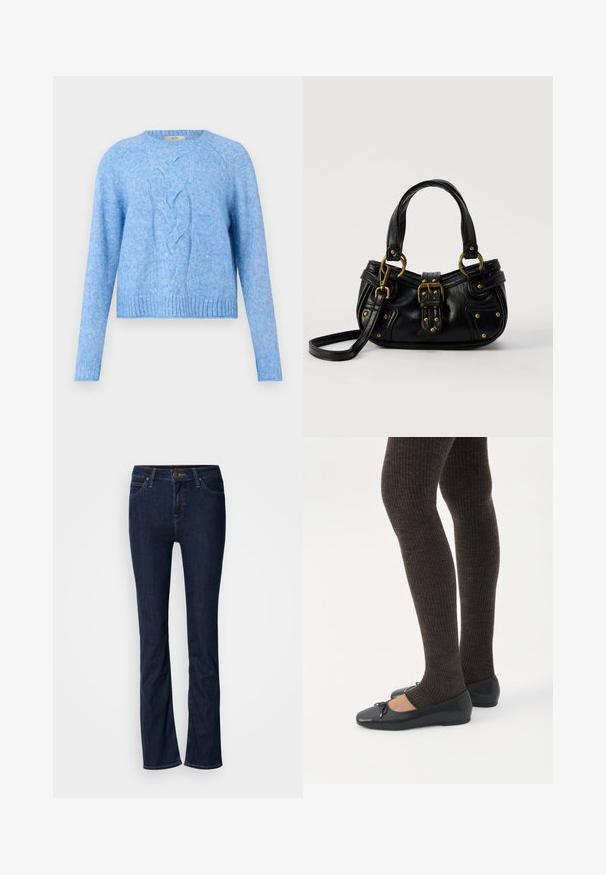 Lyseblå strikket sweater med lange ærmer og et centralt flettet kabelstrik mønster, ribbede manchetter og kant.; Mørkeblå denim jeans med lige ben-design, fem-lomme stil og lys syning. Linningen har en metal-knap lukning.; Ben iført mørke ribbede leggings kombineret med sorte balletsko med små sløjfedetaljer på hvid baggrund.; Sort læderhåndtaske med guldbælge og nitdetaljer, korte håndtag og en justerbar skulderrem på en ensfarvet hvid baggrund.