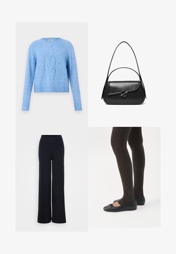 Lyseblå strikket sweater med lange ærmer og et centralt flettet kabelstrik mønster, ribbede manchetter og kant.; Sorte ribbede bukser med bred benvidde, struktureret finish og elastisk talje, som har en afslappet pasform og ingen synlig hardware.; Ben iført mørke ribbede leggings kombineret med sorte balletsko med små sløjfedetaljer på hvid baggrund.; Sort skuldertaske i læder med en buet klap, der er fastgjort med en rund metal spænde, og en slank, justerbar rem.