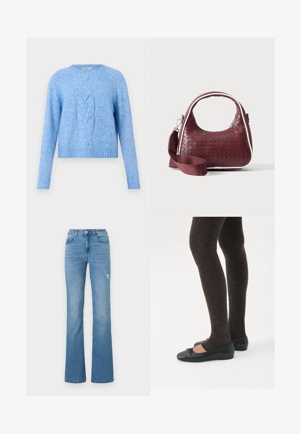Lyseblå strikket sweater med lange ærmer og et centralt flettet kabelstrik mønster, ribbede manchetter og kant.; Lyseblå, flagrende jeans lavet af denim, med høj talje, fem lommer og diskrete slidte detaljer på benene.; Ben iført mørke ribbede leggings kombineret med sorte balletsko med små sløjfedetaljer på hvid baggrund.; Mørkerød vævet lædertaske med buet hank, hvid kant, sølv lynlås og aftagelig bred stofskulderrem mod en ensfarvet baggrund.