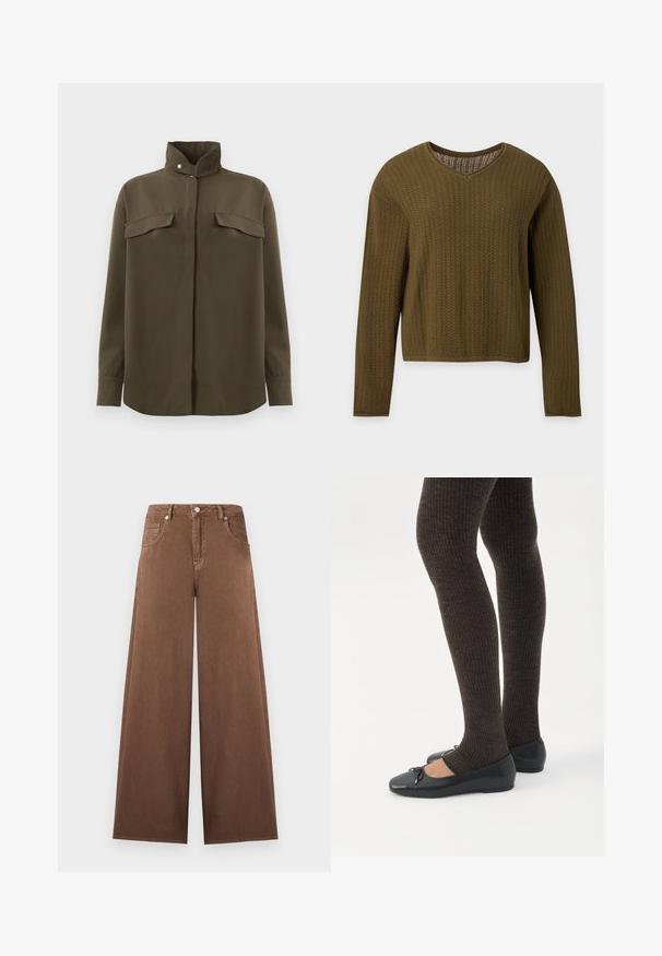 Brun strikket langærmet sweater med et tekstureret mønster og en rund halsudskæring mod en ensfarvet lys baggrund.; Brun langærmet skjorte med stående krave og trykknap, to forlommer med klap og skjult knaplukning.; Brune vidde-ben jeans i denim med høj talje, forreste knap- og lynlås lukning og design med fem lommer.; Ben iført mørke ribbede leggings kombineret med sorte balletsko med små sløjfedetaljer på hvid baggrund.