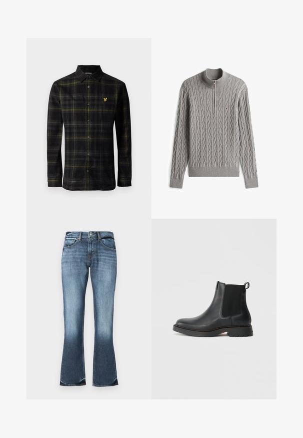 Lysegrå kabelstrikket sweater med halvlukket lynlåskrave og lille rød, hvid og blå logo på venstre bryst.; Sort langærmet skjorte med knapper og mønster i gul og grå tern, krave, og lille gul broderet fuglelogo på brystet.; Blå denim flared jeans med en mellemhøj talje, fem-lommers design og subtilt slid for et distressed udseende. Glat tekstur hele vejen igennem.; Sort læder Chelsea-støvle med elastiske sidepaneler, rund tå, tekstureret gummisål og en bageste trækstrop for nem påtagning.