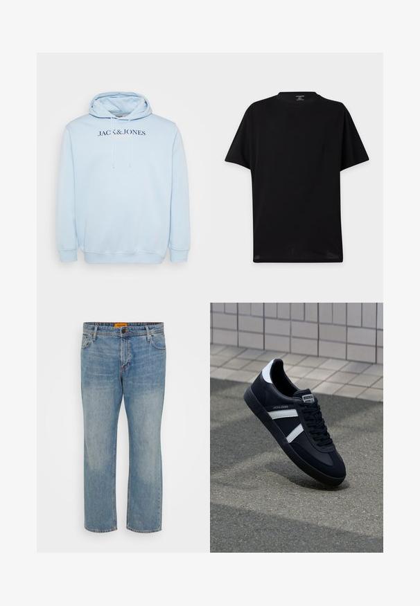 Lyseblå hættetrøje med en frontlomme, snoretræk i hætten, og "JACK & JONES" logo tekst på tværs af brystet i mørkeblå.; Ensfarvet sort T-shirt med korte ærmer og rund hals uden synlige logoer eller designs vist mod en lys baggrund.; Lyseblå denim jeans med lige ben, der har fem lommer, knaplukning og orange mærke på taljebåndet.; Sort lædersneaker med hvide striber, tekstureret gummisål og snørrebånd foran. Har et brandet mærke på tungen.