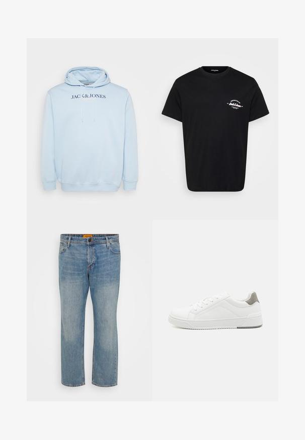 Helleblaue Kapuzenjacke mit einer Fronttasche, Kordelzugkapuze und dem Schriftzug "JACK & JONES" in dunkelblau über der Brust.; Schwarzes Baumwoll-T-Shirt mit Rundhalsausschnitt, kurzen Ärmeln und einem weißen, gedruckten Logo auf der linken Brust. Klassischer Schnitt und glatte Textur.; Hellblaue Denim-Jeans mit geradem Bein, ausgestattet mit fünf Taschen, einem Knopfverschluss und einem orangefarbigen Markenschild am Bund.; Weißer Sneaker aus glattem Leder, runde Zehenpartie, minimalistisches Design, graue Fersenkante und strukturierte Gummisohle.