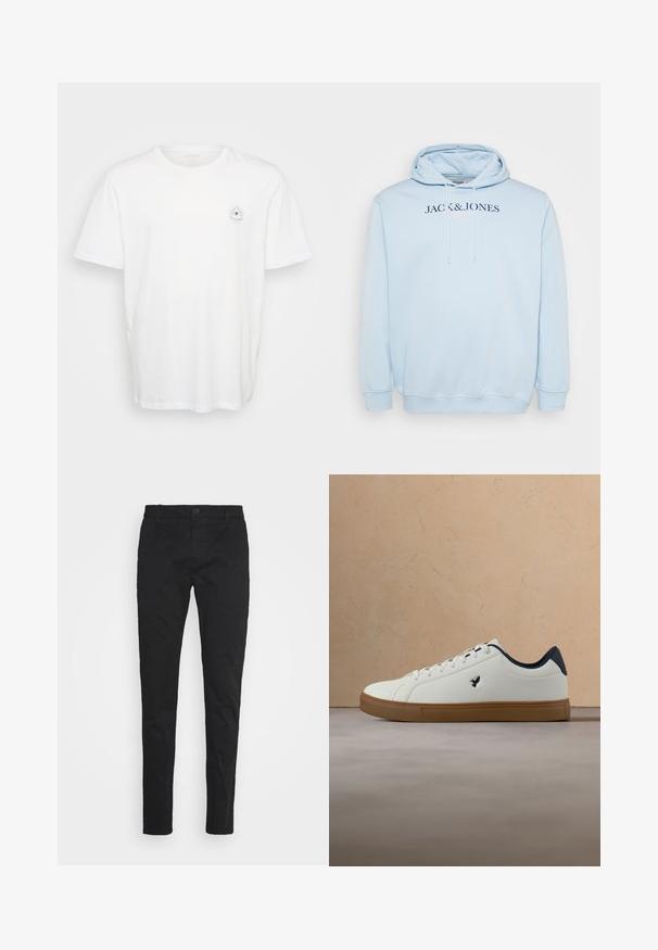 Vaaleansininen huppari, jossa on etutasku, kiristysnauha hupussa ja tummansinisellä "JACK & JONES" -logo tekstinä rinnan kohdalla.; Valkoinen puuvillapaita, jossa on pyöreä kaula-aukko ja lyhyet hihat. Huomattava graafinen suunnittelu, jossa on silmä säteiden ympäröimänä vasemmassa rinnassa.; Musta slim-fit housut, jotka on valmistettu puuvillasekoitekankaasta. Niissä on etupainike, viisi taskua ja sileä, matta pinta.; Valkoinen lenkkikenkä, jossa on ruskea pohja ja musta sisävuoraus, kelluu beigen teksturoidun maton yllä modernissa olohuoneympäristössä.
