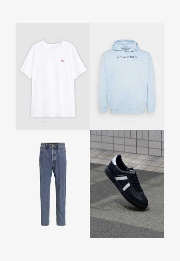 Helleblaue Kapuzenjacke mit einer Fronttasche, Kordelzugkapuze und dem Schriftzug "JACK & JONES" in dunkelblau über der Brust.; Weißes Baumwoll-T-Shirt mit kurzen Ärmeln und Rundhalsausschnitt. Verfügt über ein kleines rotes Levi's-Logo auf der linken Brust. Flaches Design, keine Muster.; Hellblaue Denim-Jeans mit fünf Taschen, geraden Beinen, Knopfverschluss und Gürtelschlaufen, vor einfachem Hintergrund gezeigt.; Schwarze Leder-Sneaker mit weißen Streifen, strukturiertem Gummisohle und Schnürung. Verfügt über ein Markenetikett auf der Zunge.