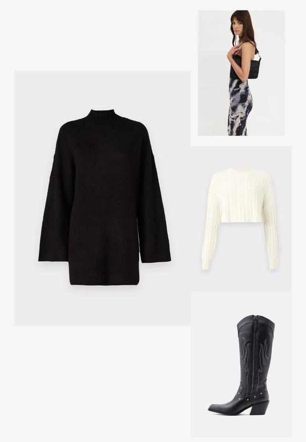 Cremfarbener, kabelgestrickter, verkürzter Pullover mit langen Ärmeln und geripptem Rundhalsausschnitt. Strukturmuster im gesamten Design und eng anliegende Bündchen.; Schwarzer oversized Strickpullover mit hohem Stehkragen und langen Ärmeln, der mit einem strukturierten Stoff für zusätzlichen visuellen Reiz ausgestattet ist.; Schwarze Cowboy-Stiefel aus Leder mit spitzer Zehenpartie, sichtbarer Nahtführung, silbernen Nietenakzenten und Reißverschluss auf der Innenseite.; Schwarze gesteppte Schultertasche mit einem einzelnen Riemen und silberner Hardware, kombiniert mit einem figurbetonten Kleid im Batikmuster in Schwarz- und Cremetönen.