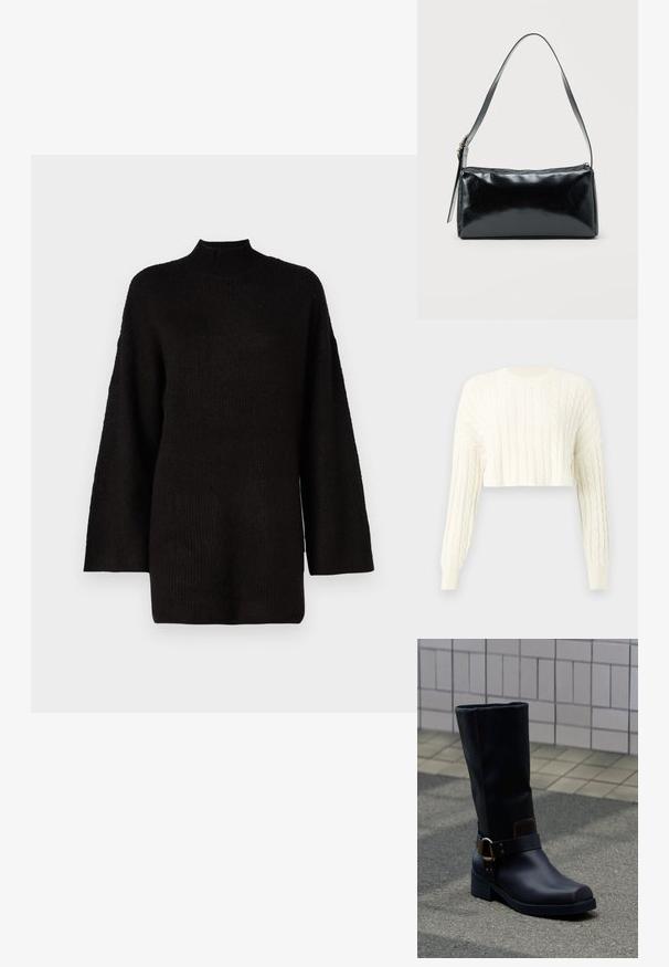 Creme kabelstrikket cropped sweater med lange ærmer og ribbet rund hals. Tekstur mønster over det hele og tætsiddende manchetter.; Sort oversized striktrøje med høj hals og lange ærmer, der har en struktureret stof for ekstra visuel interesse.; Sort midt på læggen læderstøvle med lav hæl og dekorativ rem med metalspænde, stående på en grå belagt overflade nær en flisevæg.; Sort rektangulær skuldertaske med en enkelt justerbar rem og lynlås i toppen på en ensfarvet baggrund.