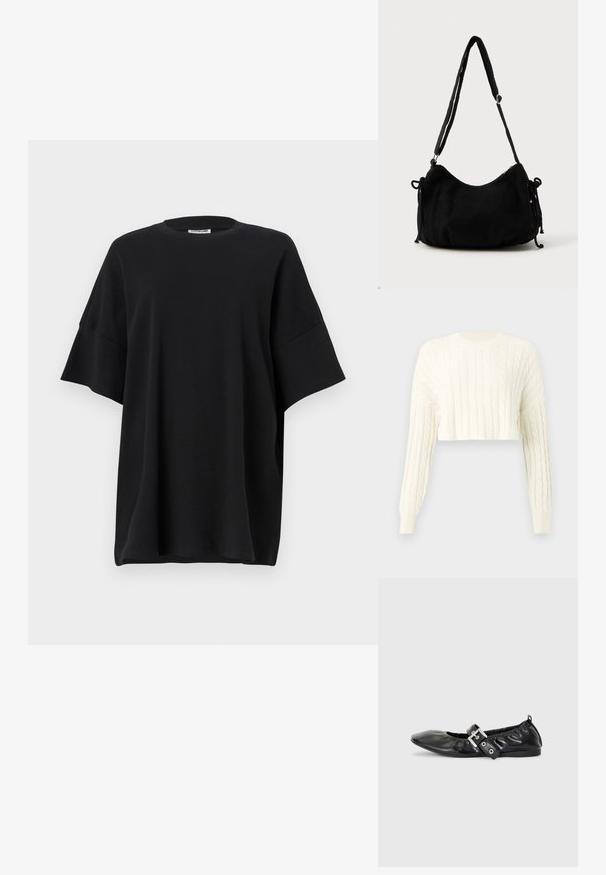 Creme kabelstrikket cropped sweater med lange ærmer og ribbet rund hals. Tekstur mønster over det hele og tætsiddende manchetter.; Sort oversized t-shirt lavet af bomuld, med rund halsudskæring og korte, brede ærmer, der har en glat tekstur og en afslappet pasform.; Sorte læder flade sko med spids tå, samling detaljer omkring åbningen, og en sølv spænde accent på den justerbare rem.; Sort kordfløjls skuldertaske med en buet form, justerbar strop og snorelukninger på begge sider til størrelsejustering.