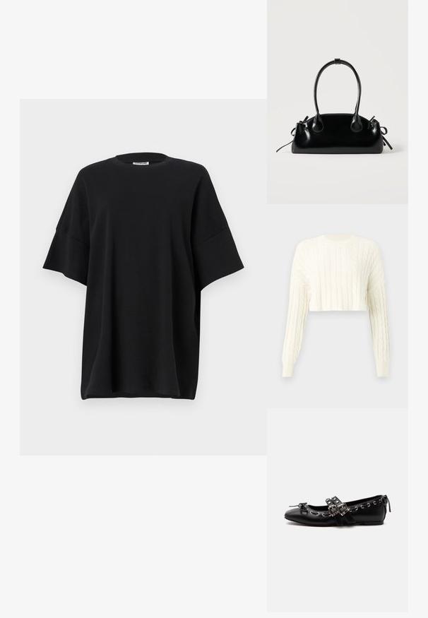 Cremfarbener, kabelgestrickter, verkürzter Pullover mit langen Ärmeln und geripptem Rundhalsausschnitt. Strukturmuster im gesamten Design und eng anliegende Bündchen.; Schwarz oversized T-Shirt aus Baumwolle, mit Rundhalsausschnitt und kurzen, weiten Ärmeln, die eine glatte Textur und einen entspannten Schnitt bieten.; Schwarzer flacher Ballettschuh mit doppelten Schnallenriemen, silbernen Ösen und einer kleinen Schleife nahe der abgerundeten Spitze auf weißem Hintergrund.; Kleine schwarze glänzende Handtasche mit zwei langen Griffen und seitlichen Kordelzug-Details vor einfachem hellem Hintergrund.