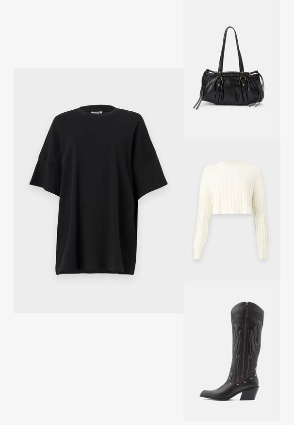 Kreemist kaablitooted kudum, lühikeste varrukatega ja ribikrae. Tekstuuriga muster kogu ulatuses ja istuvad mansetid.; Must have must be cotton oversized must have a round neckline and short wide sleeves with a smooth texture and relaxed fit.; Pruunid nahast kootsasaapad leegitikkimisega, küljes lukk, hõbedased naelad, terav nina ja paks konts.; Must mustaga kott, millel on ümar kuju, kahekordsed käepidemed, dekoratiivsed metallaktsessuaarid ja külgsidumise detailid. Sile ja läikiv tekstuur.
