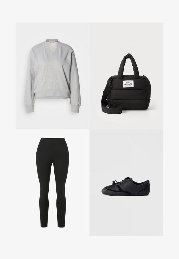 Grauer Pullover mit V-Ausschnitt, langen Ärmeln und gerippten Bündchen. Aus weichem Stoff, mit einer Naht an der Vorderseite und kurzem Schnitt.; Schwarze Leggings mit einem hohen Bund. Hergestellt aus dehnbarem Stoff, mit einer glatten Textur und einer anliegenden Silhouette ohne sichtbare Nähte.; Schwarzer Sneaker mit niedrigem Profil, Schnürung, glatter und glänzender Oberfläche, minimalen Nähten und flacher Sohle auf schlichtem Hintergrund.; Schwarze gepolsterte Handtasche in rechteckiger Form, mit zwei gepolsterten Griffen, abnehmbarem Schulterriemen und einem Logo-Patch auf der Vorderseite.