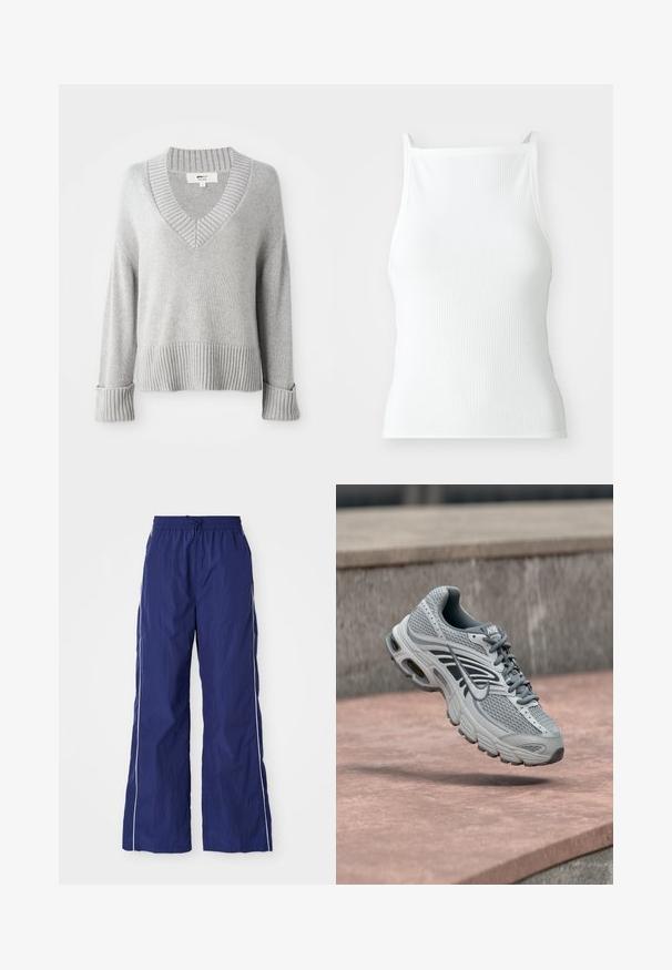 Hellgrauer Strickpullover aus Wollmischung mit V-Ausschnitt, gerippten Bündchen, Saum und Ausschnitt, der die gefalteten Ärmelsäume zeigt.; Weißes, geripptes Tanktop mit dünnen Trägern, das ein enges Design und eine glatte Textur aufweist. Der Stoff wirkt elastisch und leicht strukturiert.; Marineblaue, leichte, weit geschnittene Hose mit elastischem Bund und Kordelzug, mit weißen seitlichen Streifen und einer zerknitterten Textur.; Hellgrauer und weißer Nike-Laufschuh mit Mesh-Design, schwebt über einer Steinoberfläche im Freien.