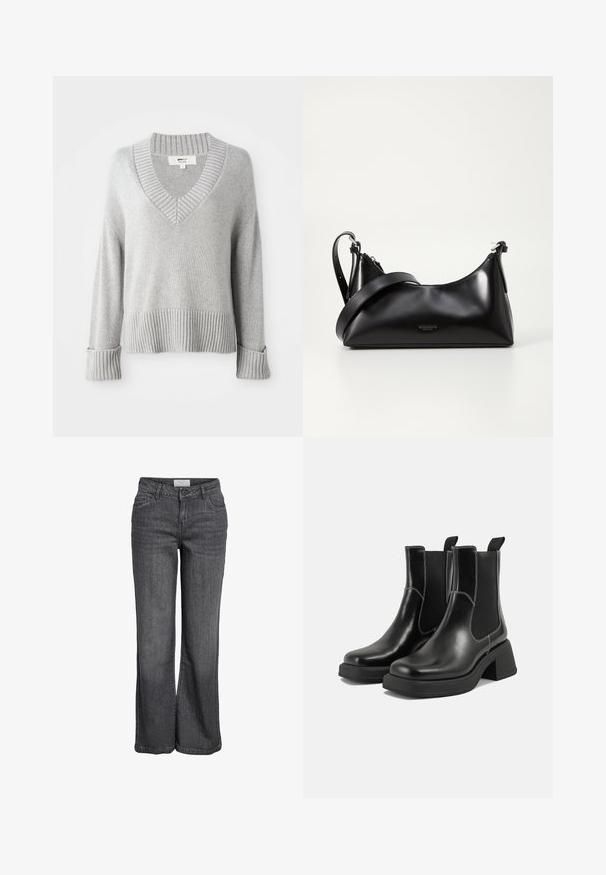 Sweater en mélange de laine tricoté gris clair avec col en V, poignets, ourlet et col côtelés, montrant des extrémités de manches repliées.; Jean large en denim gris foncé. Caractéristiques : taille haute, design traditionnel à cinq poches et ourlet net sans embellissements.; Bottes Chelsea en cuir noir avec un talon épais, des panneaux latéraux élastiques et des coutures blanches contrastantes. Fini texturé.; Sac à main en cuir noir avec une texture lisse. Dispose d'une bandoulière adjustable et d'un design élégant et minimaliste avec une fermeture éclair.