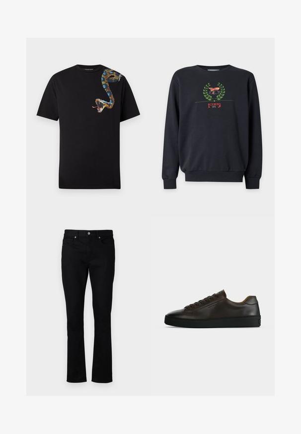 Sweat-shirt noir à manches longues avec une couronne de laurier verte et un graphisme de voiture vintage rouge au-dessus du texte "ICEBERG 1974" au centre devant.; T-shirt noir à manches courtes avec un motif coloré de serpent enroulé de l'épaule à la poitrine, bouche ouverte et langue tirée.; Jean en denim noir avec une coupe droite, dotée d'une taille mi-haute, de cinq poches et d'accents en métal. Texture lisse.; Baskets basses en cuir marron foncé avec semelle en caoutchouc noire, lacets à l'avant et design minimaliste épuré sur fond clair.