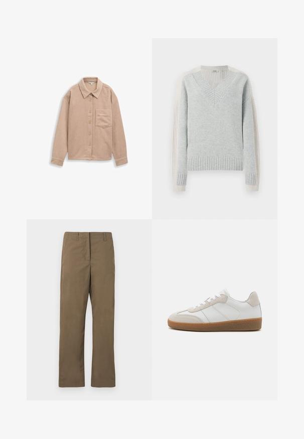 DRYKORN PASELIA - Trui - grey; Beige corduroy overhemdjack met een kraag, een sluiting met vijf knopen en een enkele borstzak. Zachte textuur met verticale ribbels.; Bruine rechte broek van katoenmix stof. Bevat riemlussen, een achterzak en heeft een gladde textuur zonder patronen.; Witte leren sneakers met beige suède accenten, een gestructureerde tong en een rubberen zool. Voorzien van witte veters en subtiele gestikte details.