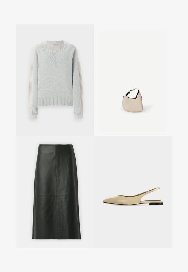 DRYKORN PASELIA - Strickpullover - grey; Schwarzer Leder-Midi-Rock mit geradem Schnitt. Glatte Textur, minimale Nähte und ein figurbetonter Bund. Keine sichtbaren Taschen oder zusätzlichen Details.; Beiger Slingback-Ballerina mit spitzer Kappe, niedrigem schwarzem Absatz und glattem Lederfinish, seitlich auf einfarbigem Hintergrund gezeigt.; Beige Ledertasche in Halbmondform mit einem einzelnen Schulterriemen und minimaler Nahtgestaltung, vor einem schlichten weißen Hintergrund.