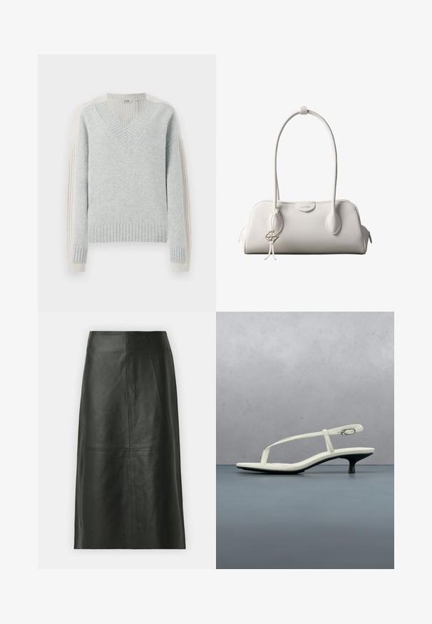 DRYKORN PASELIA - Jersey de punto - grey; Falda midi de cuero negro con corte recto. Textura suave, costuras mínimas y cinturilla ajustada. Sin bolsillos visibles ni detalles adicionales.; Sandalia blanca de tacón kitten con tiras y punta afilada, flotando sobre un suelo de baldosas de madera al aire libre, con un fondo desenfocado de plantas y pared.; Bolso de hombro blanco de Calvin Klein con asas largas, forma rectangular, cierre de cremallera y charm decorativo con el logo colgando cerca del asa.