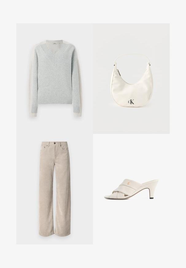 DRYKORN PASELIA - Strickpullover - grey; Beige Kordhose im Weitschnitt mit vertikalen Streifen, ausgestattet mit einem Knopfverschluss und frontalen Taschen. Weicher, strukturierten Stoff in lockerer Passform.; Beige High-Heeled Mules mit verdrehtem Leder- Riemen-Design, offenen Zehen und geprägt logo Akzent. Die Ferse hat eine schwarze Spitze Detail.; Kleine weiße halbmondenförmige Handtasche mit kurzem Trageriemen, Reißverschluss und schwarzem "cK"-Logo auf der Vorderseite.