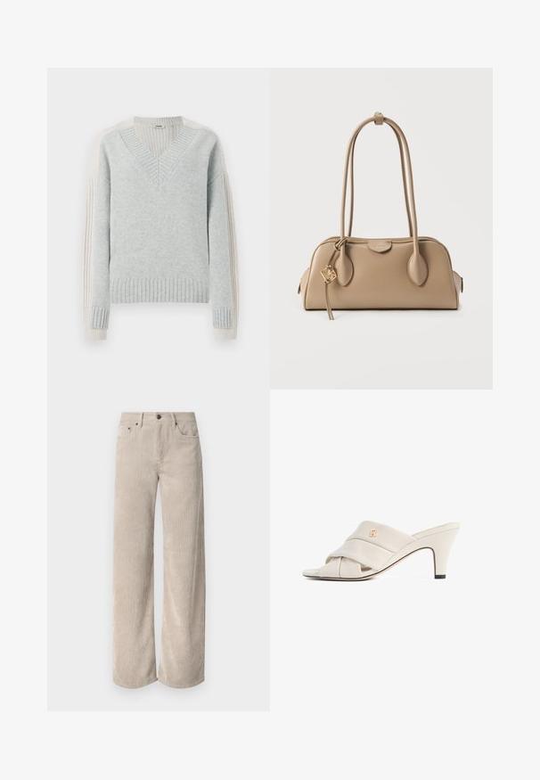 DRYKORN PASELIA - Jersey de punto - grey; Pantalones de pana anchos beige con rayas verticales, con cierre de botón y bolsillos frontales. Tejido suave y texturizado con un ajuste relajado.; Mules de tacón alto beige con diseño de tira de cuero torcida, punta abierta y detalle de logotipo en relieve. El tacón tiene un detalle en punta negra.; Bolso beige con textura de cuero suave. Forma redondeada, dos asas largas y un detalle de herrajes dorados en el cierre de cremallera.