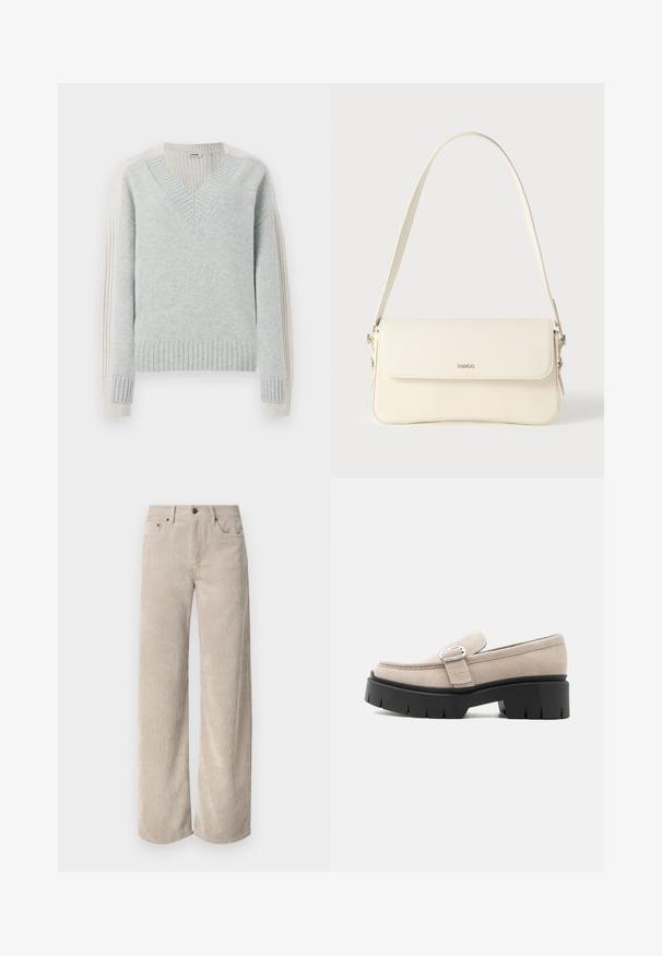 DRYKORN PASELIA - Strickpullover - grey; Beige Kordhose im Weitschnitt mit vertikalen Streifen, ausgestattet mit einem Knopfverschluss und frontalen Taschen. Weicher, strukturierten Stoff in lockerer Passform.; Beiger Wildleder-Slipper mit silberner Schnalle und dicker schwarzer Profilsohle, Seitenansicht vor weißem Hintergrund.; Schultertasche aus cremefarbenem Leder mit Klappverschluss, silbernen Beschlägen, einem verstellbaren Riemen und einem dezenten Logodetail.
