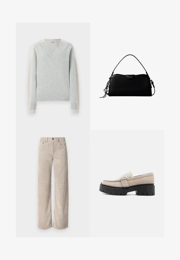 DRYKORN PASELIA - Trui - grey; Beige corduroy wijde broek met verticale strepen, voorzien van een knoopsluiting en voorkruiden. Zacht, gestructureerd materiaal met een relaxte pasvorm.; Beige suède loafer met zilveren gesp en dikke zwarte chunkysouw, zijaanzicht op witte achtergrond.; Zwarte rechthoekige Calvin Klein handtas met enkele bovenriem, zilveren logo-ornament en een kleine klepsluiting aan de voorkant.