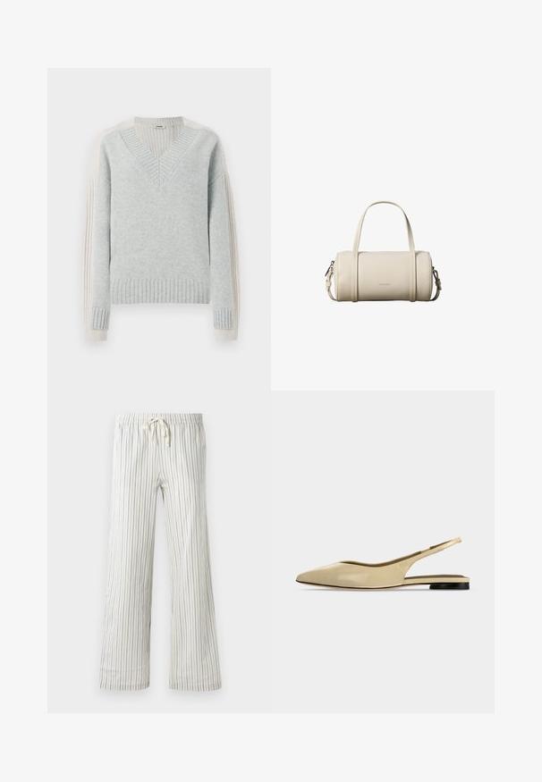 DRYKORN PASELIA - Pullover - grey; Pantalon blanc à cordon de serrage avec de fines rayures verticales bleues et une taille élastique, présenté de face sur un fond uni.; Chaussure plate beige à bout pointu avec bride arrière, petit talon noir et finition en cuir lisse, vue de côté sur un fond uni.; Petit sac à main cylindrique beige en cuir avec deux poignées, une bandoulière amovible et le logo Calvin Klein à l'avant.