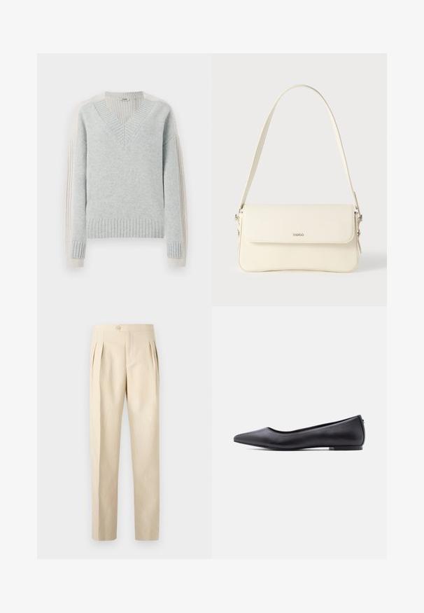 DRYKORN PASELIA - Pullover - grey; Pantalons beiges taille haute avec plis avant, fermeture à bouton unique et coupe droite. Fabriqués à partir d'un tissu texturé et tissé.; Chaussure plate en cuir noire à bout pointu avec petit talon, vue de profil sur fond blanc.; Sac à bandoulière en cuir couleur crème avec fermeture à rabat, quincaillerie argentée, une bandoulière réglable et un logo discret.