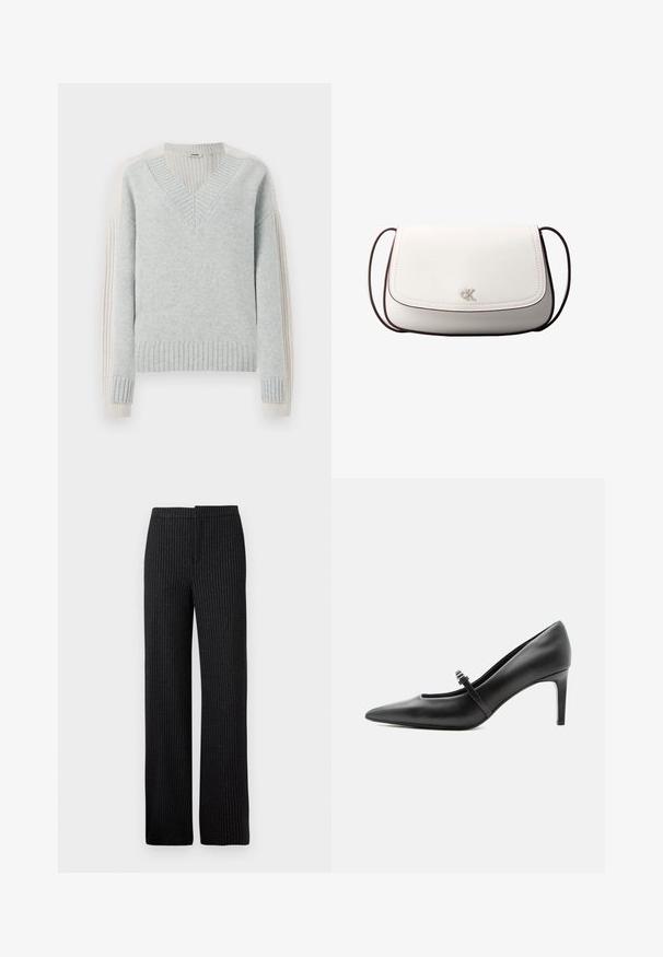 DRYKORN PASELIA - Jersey de punto - grey; Pantalones negros a rayas con corte recto, que presentan una textura suave y una cinturilla, aptos para vestimenta formal o de negocios.; Zapato de tacón alto de cuero negro con punta puntiaguda, con tira fina y hebilla sobre el empeine, sobre fondo claro y neutro.; Bolso bandolera blanco con cierre de solapa, pequeño logo plateado "cK" centrado y correa ajustable delgada de color marrón oscuro.